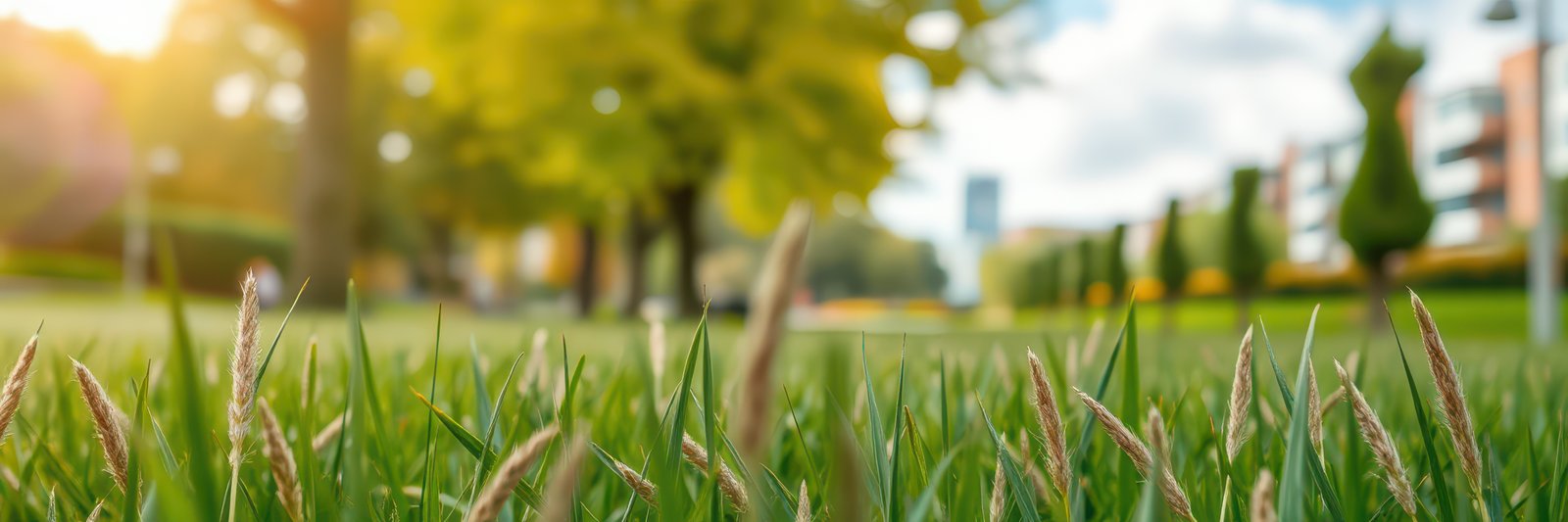 Close-up view of lush green grass with sunlight filtering through trees in a city park during the afternoon